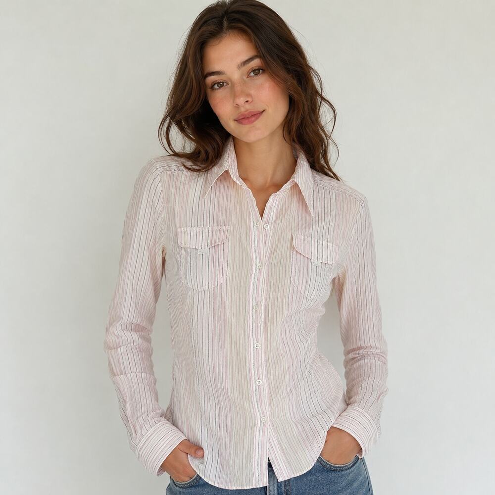 Elie Tahari pink stripe button up shirt Small business casual feminine